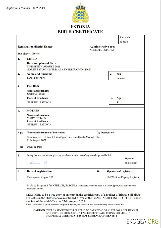 Modèle Word et PDF d'acte de naissance de l'état civil de l'Estonie